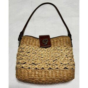 Vintage 90's Brighton Woven Straw & Leather Shoulder Bag Purse With Heart Clasp